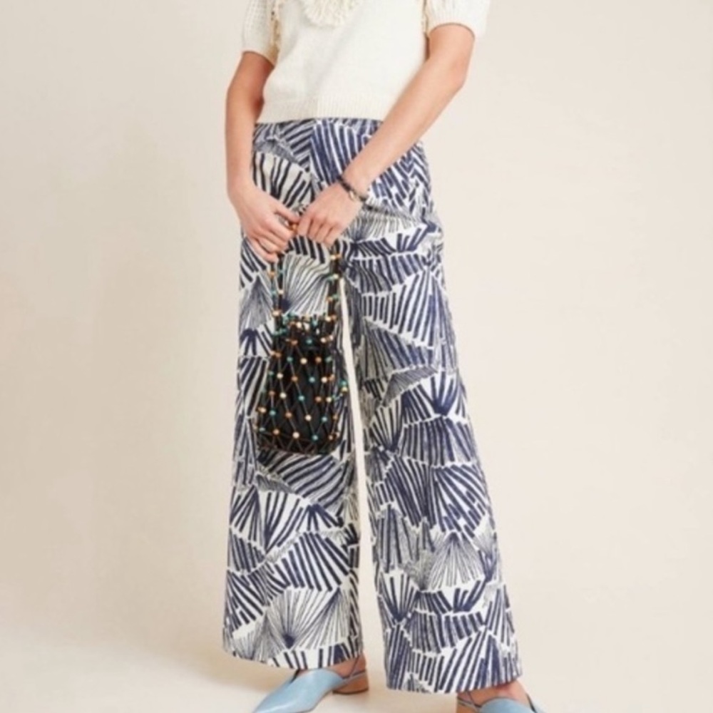 By Anthropologie Kirstie Wide Leg Pants Blue Cream Size 14